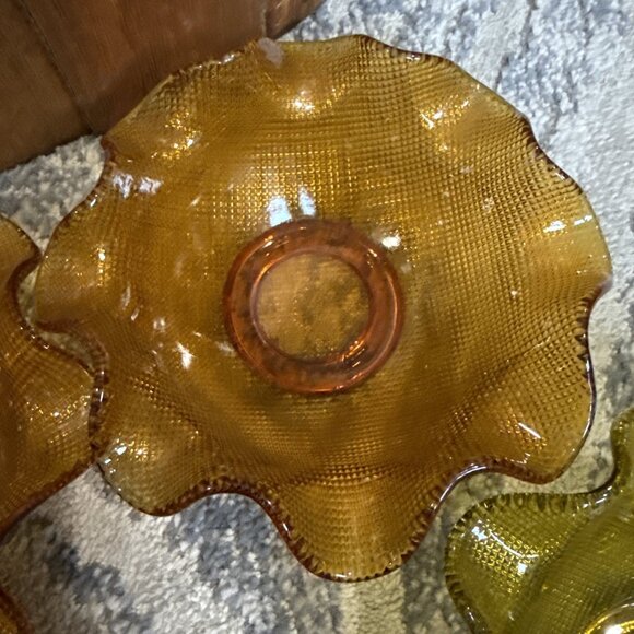 Vintage Italian Colony Amber Waffle Glass Ruffled Fruit Dessert Bowls Lot 1960s - Picture 6 of 13